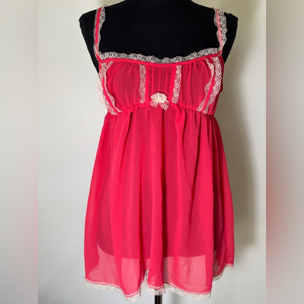 Victoria secret-milkmaid-top babydoll  ruffle pink & cream sheer roughed Size S